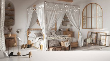 Beyaz masa üstü ya da rafta minimalist kuş süsü, kuş süsü - bohem ahşap yatak odasında bohem tarzı, Akdeniz iç tasarımı