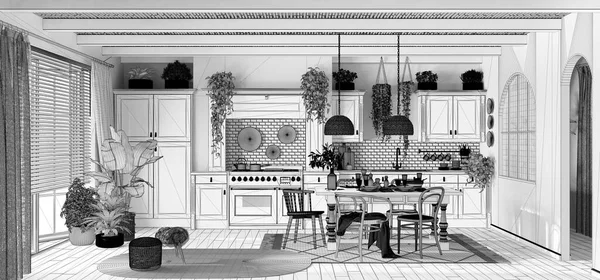 Blueprint unfinished project draft, panoramic view of contemporary wooden kitchen. Dining table and appliances. Scandinavian boho interior design