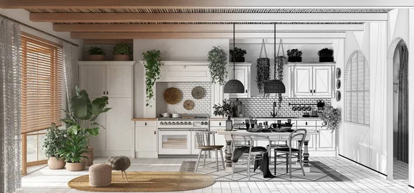 Mimari iç mimar konsepti: çağdaş ahşap mutfağın panoramik manzarası haline gelen el çizimi tamamlanmamış proje. İskandinav boho tarzı