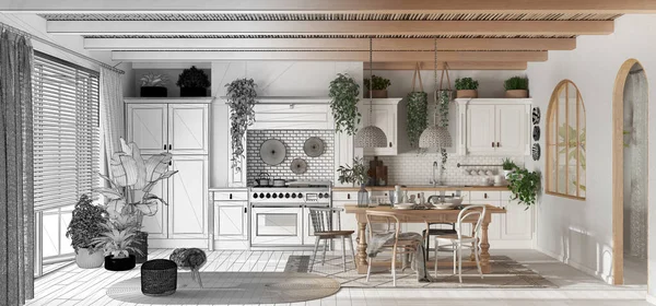 Mimari iç mimar konsepti: çağdaş ahşap mutfağın panoramik manzarası haline gelen el çizimi tamamlanmamış proje. İskandinav boho tarzı