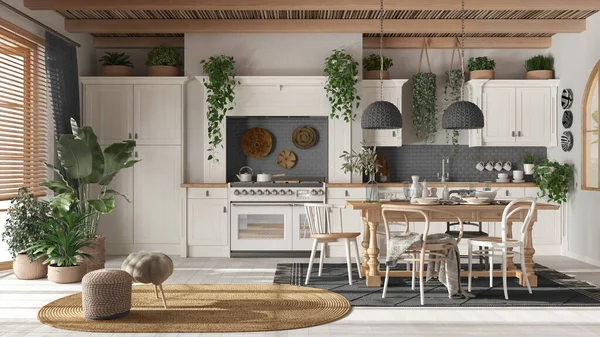 Wooden country kitchen in white and gray tones.Dining table, carpet and appliances. Scandinavian boho interior design