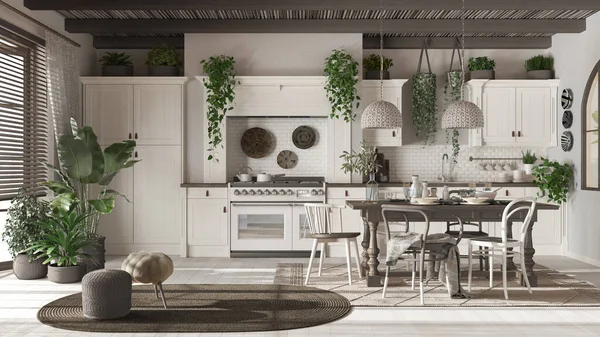Beyaz ve koyu tonlarda ahşap köy mutfağı. Yemek masası, halı ve eşyalar. İskandinav Boho iç tasarımı