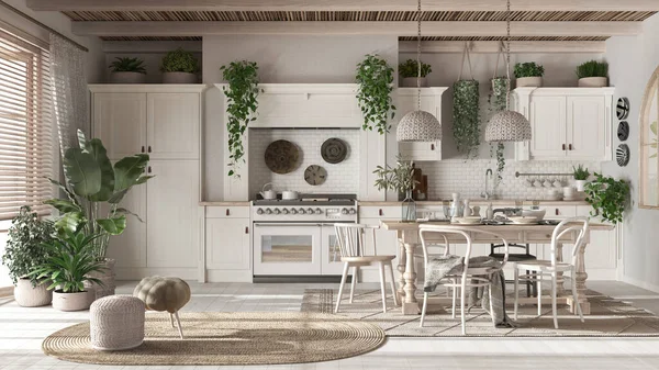 Beyaz renkte ahşap bir köy mutfağı. Yemek masası, halı ve eşyalar. İskandinav Boho iç tasarımı