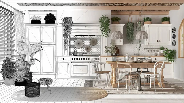 Architect Interior Designer Concept Hand Drawn Draft Unfinished Project Becomes — стоковое фото