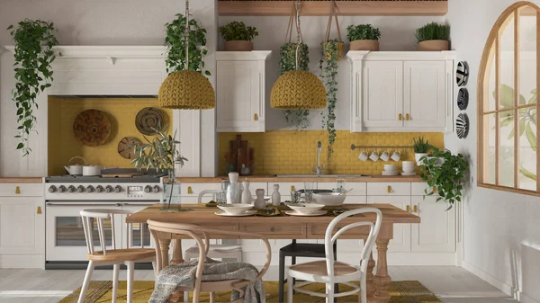 Ahşap İskandinav usulü yemek masası ve mutfak. Masa beyaz ve sarı tonlarda. Ülke bohem iç tasarımı