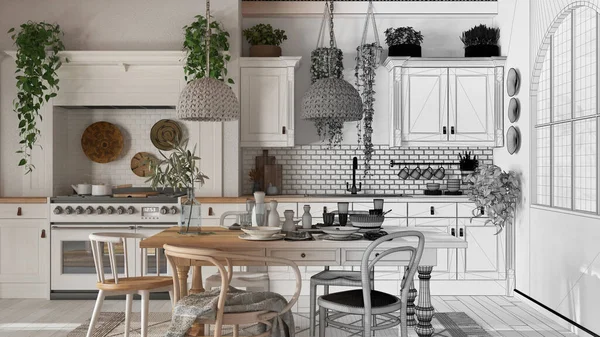 Mimari iç mimar konsepti: elle çizilmiş tamamlanmamış taslak proje gerçek oluyor, İskandinav boho tarzında yemek masası ve mutfak. Masa ayarı. Ülke bohem dili