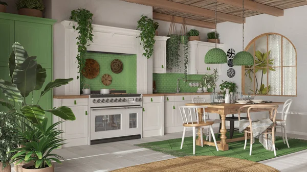 Bohem tarzında ahşap detaylarla dolu mutfak ve yemek odası. Sandalyeli masa, halı ve beyaz ve yeşil tonlarda aletler. Boho ülke iç tasarımı