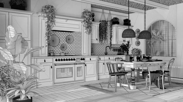 Blueprint unfinished project draft, kitchen and dining room with wooden details in bohemian style. Table with chairs, carpet and appliances. Boho country interior design