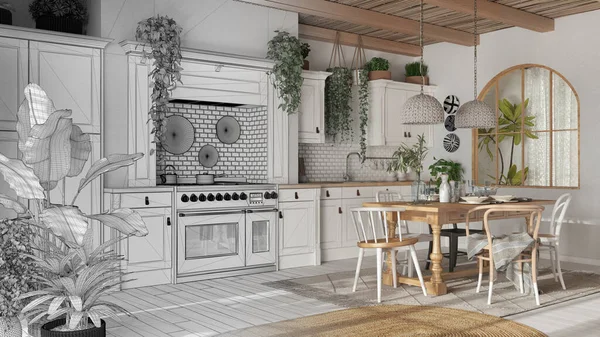Mimari iç mimar konsepti: elle çizilmiş tamamlanmamış taslak proje gerçeğe dönüşüyor, mutfak ve yemek odası bohem tarzında ahşap detaylara sahip. Boho ülke iç tasarımı