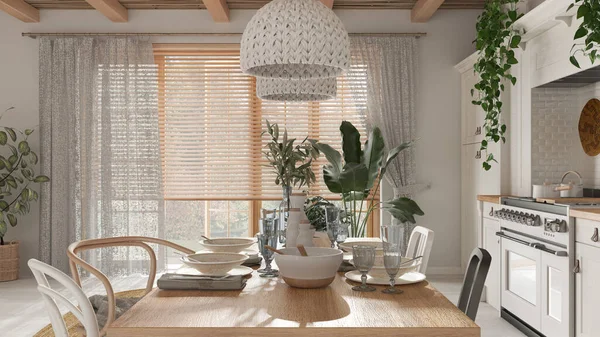 Beyaz ve bej renkte ahşap yemek masası. Mutfak, kolye lambaları ve pencere. İskandinav Boho iç tasarımı