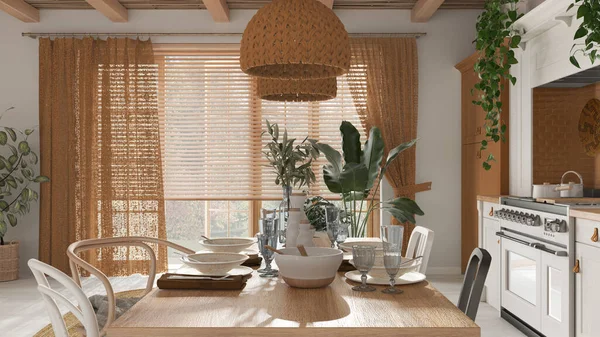 Wooden country dining table setting in white and orange tones. Kitchen, pendant lamps and window. Scandinavian boho interior design