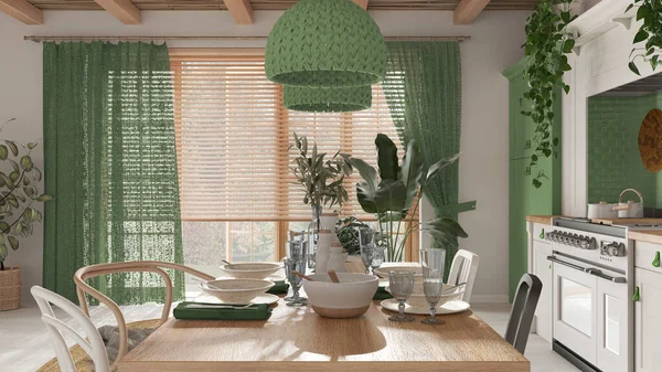 Wooden Country Dining Table Setting White Green Tones Kitchen Pendant — Zdjęcie stockowe