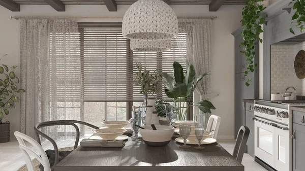 Beyaz ve koyu tonlarda ahşap yemek masası. Mutfak, kolye lambaları ve pencere. İskandinav Boho iç tasarımı