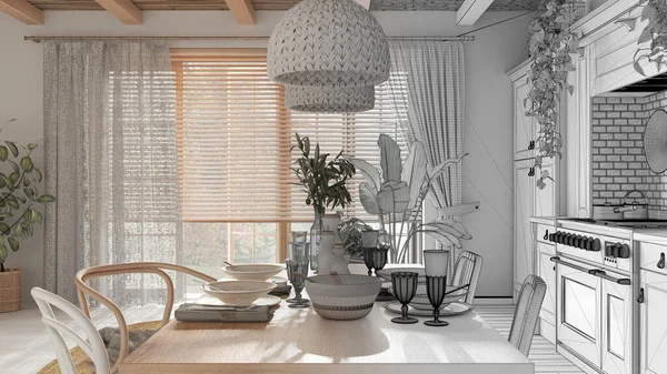 Mimar iç mimar konsepti: elle çizilmiş tamamlanmamış proje gerçek, ahşap kırsal yemek masası düzeneği haline geliyor. İskandinav Boho iç tasarımı