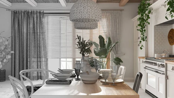 Mimar iç mimar konsepti: elle çizilmiş tamamlanmamış proje gerçek, ahşap kırsal yemek masası düzeneği haline geliyor. İskandinav Boho iç tasarımı