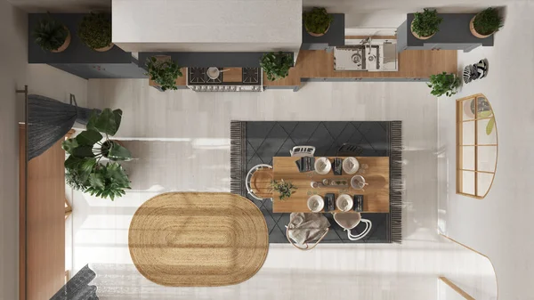 Wooden Country Kitchen White Gray Tones Dining Table Carpet Appliances — Stockfoto