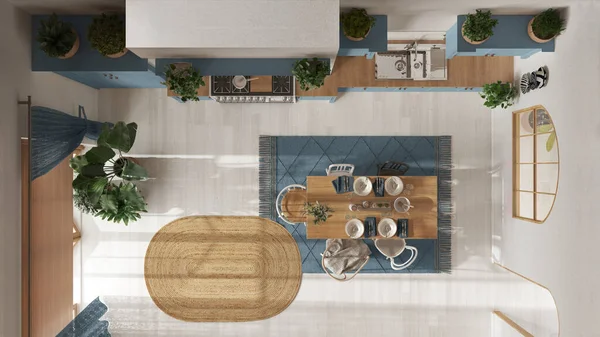 Wooden Country Kitchen White Blue Tones Dining Table Carpet Appliances — Fotografia de Stock