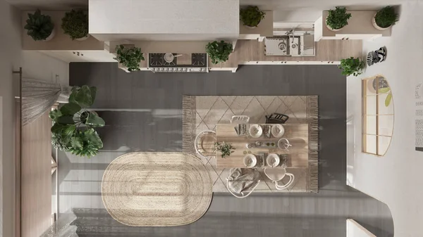 Beyaz ve ağarmış ahşap tonlarda ahşap mutfak. Yemek masası, halı ve eşyalar. İskandinav Boho iç tasarımı. Üst görünüm, plan, yukarıda