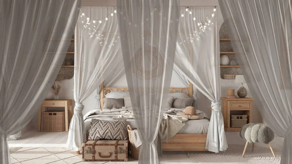 White Openings Curtains Overlay Bohemian Wooden Bedroom Canopy Bed Boho — Fotografia de Stock