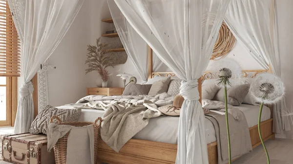 Tohum Sporlarını Bohem Ahşap Yatak Odası Bohem Yatağı Üzerine Üfleyerek — Stok fotoğraf