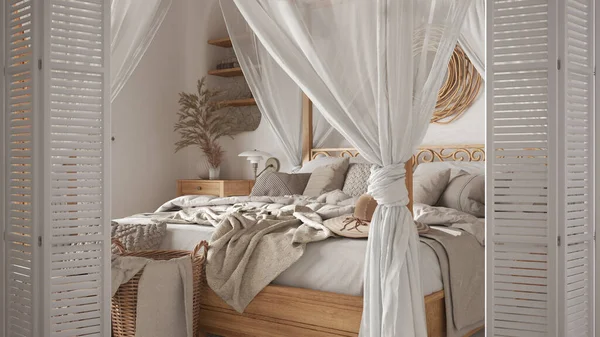 White Folding Door Opening Bohemian Bedroom Canopy Bed Wooden Furniture — Stok fotoğraf