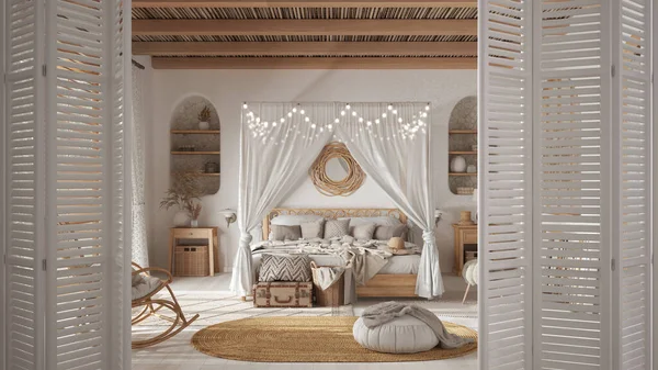 White folding door opening on bohemian bedroom with canopy bed and wooden furniture, boho interior design, architect designer concept