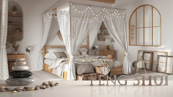 White Table Shelf Pebble Balance Bohemian Bedroom Boho Style Canopy — Stockfoto