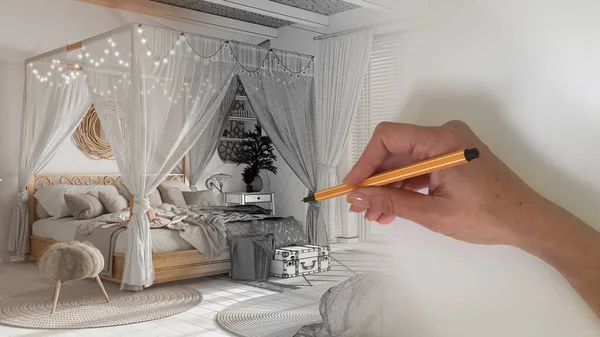 Architect interior designer concept: hand drawing a design interior project while the space becomes real, bohemian wooden bedroom in boho style, canopy bed