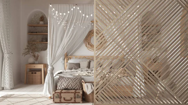 Wooden Panel Close Bohemian Wooden Bedroom Boho Style Canopy Bed — Stockfoto