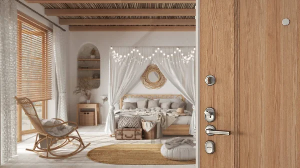 Wooden entrance door opening on bohemian wooden bedroom in boho style. Canopy bed and rattan furniture, interior design concept idea
