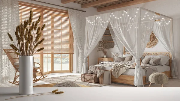 Beyaz masa üstünde ya da rafta pipetler, kuru bitkiler, süs, kulaklar, parke, vazo, tamam, bohem ahşap yatak odası bohem tarzı. Kubbeli yatak ve rattan mobilyalar, iç tasarım.