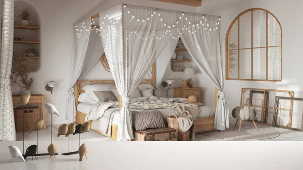 Beyaz masa üstü ya da rafta minimalist kuş süsü, kuş süsü - bohem ahşap yatak odasında bohem tarzı, Akdeniz iç tasarımı