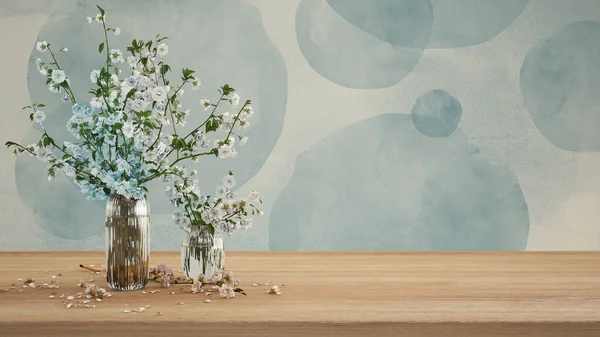 Wooden table, desk or shelf close up. Branches of cherry blossoms in glass vase. Plaster painted wall in blue tones with copy space, template, mock up, spring concept