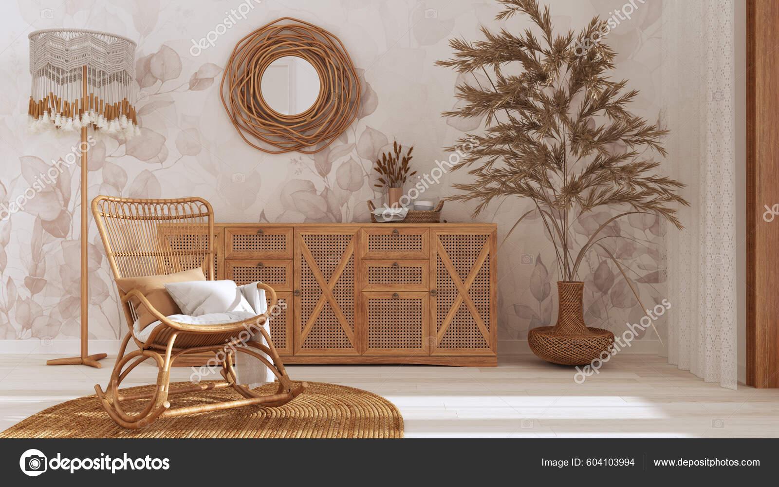 Boho Chic Living Room Rattan Chest Drawer Rocking Chair Jute Stock