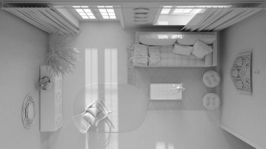 Total white project draft, farmhouse wooden living room, Sofa, rattan chest of drawers, jute carpet and decors. Boho chic interior design, top view, plan, above