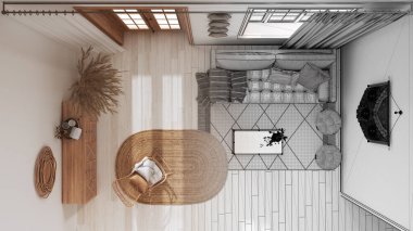 Architect interior designer concept: hand-drawn draft unfinished project that becomes real, farmhouse living room, Sofa, chest of drawers and carpet. Boho chic, top view, plan, above