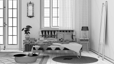 Blueprint unfinished project draft, boho chic farmhouse bedroom with double bed and rattan furniture. Jute carpet and decors. Country wallpaper, bohemian interior design