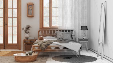 Architect interior designer concept: hand-drawn draft unfinished project that becomes real, boho chic farmhouse bedroom with double bed and rattan furniture