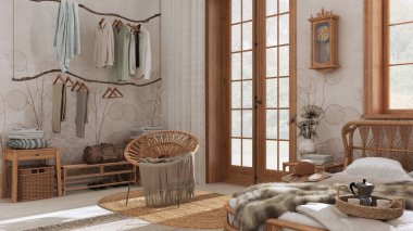 Boho chic farmhouse bedroom with rattan bed, rustic walk in closet and armchair in white and beige tones. Jute carpet. Vintage wallpaper, bohemian interior design