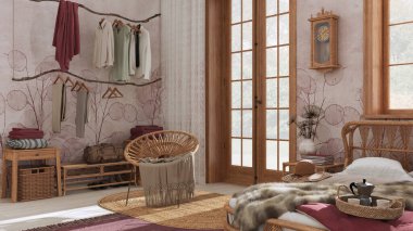 Boho chic farmhouse bedroom with rattan bed, rustic walk in closet and armchair in white and red tones. Jute carpet. Vintage wallpaper, bohemian interior design