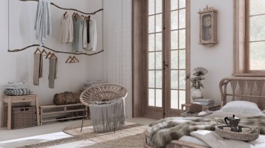 Boho chic farmhouse bedroom with rattan bed, rustic walk in closet and armchair in white and bleached wood tones. Jute carpet. Vintage wallpaper, bohemian interior design