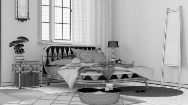 Blueprint unfinished project draft, wooden farmhouse bedroom in boho chic style. Rattan bed and furniture. Vintage interior design