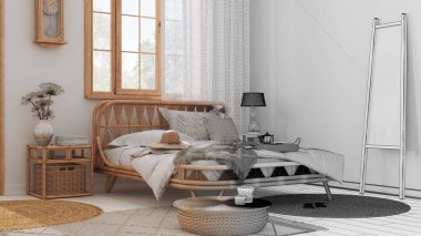 Architect interior designer concept: hand-drawn draft unfinished project that becomes real, wooden farmhouse bedroom in boho chic style. Rattan bed and furniture