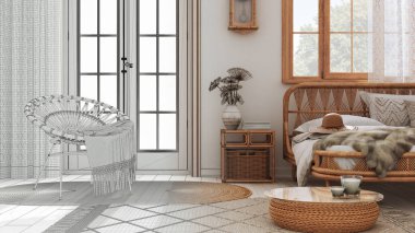 Architect interior designer concept: hand-drawn draft unfinished project that becomes real, boho chic farmhouse bedroom with rattan bed and wooden furniture