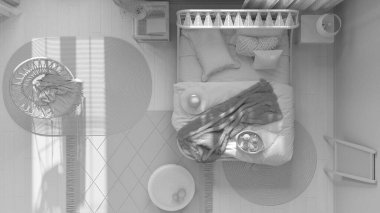 Total white project draft, boho chic farmhouse bedroom with rattan bed and wooden furniture. Jute carpets. Vintage wallpaper, bohemian interior design. Top view, pan, above