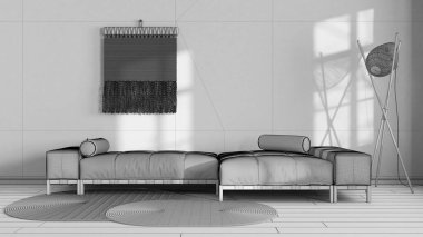 Blueprint unfinished project draft, wabi sabi living room with plaster wall. Minimalist fabric sofa and macrame wall art. Japandi interior design
