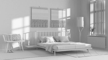 Total white project draft, japandi bedroom with macrame wall art. Wooden furniture, carpets and double bed. Wabi sabi interior design