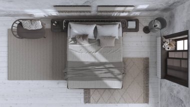 Wabi sabi bedroom in white and dark tones with macrame wall art and wallpaper. Wooden furniture, carpets and double bed. Top view, plan, above. Japandi interior design