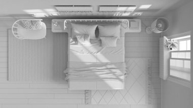 Total white project draft, wabi sabi bedroom with macrame wall art and wallpaper. Wooden furniture, carpets and double bed. Top view, plan, above. Japandi interior design