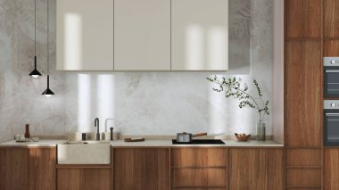Japandi trendy wooden kitchen in white and beige tones. Wooden cabinets, contemporary wallpaper and marble top. Minimalist interior design
